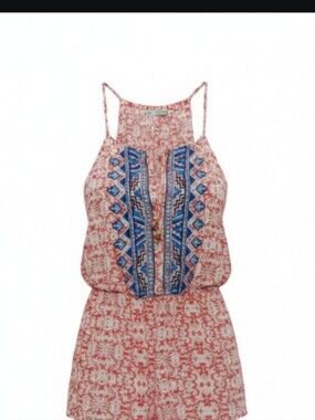 Maurices Coral and White Printed Spaghetti-Strap Sleeveless Blouse With Tribal